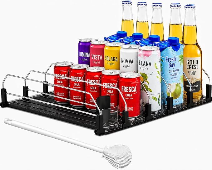Drink Organizer for Fridge with Cleaning Brush, Soda Can Dispenser for Refrigerator, Automatic Drink Dispenser for Fridge Holds up to 25 Cans, 5 Row Adjustable Organizer with Smooth Pusher Glide Black by Unknown