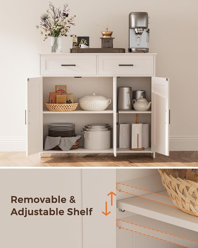 Homhedy Coffee Bar Storage Cabinet with Drawers, Kitchen Buffet Cabinet | Sideboard Cabinet with Doors, Farmhouse Buffet Cabinet, Adjustable Shelves, for Kitchen / Dining / Living Room, White - Image 4
