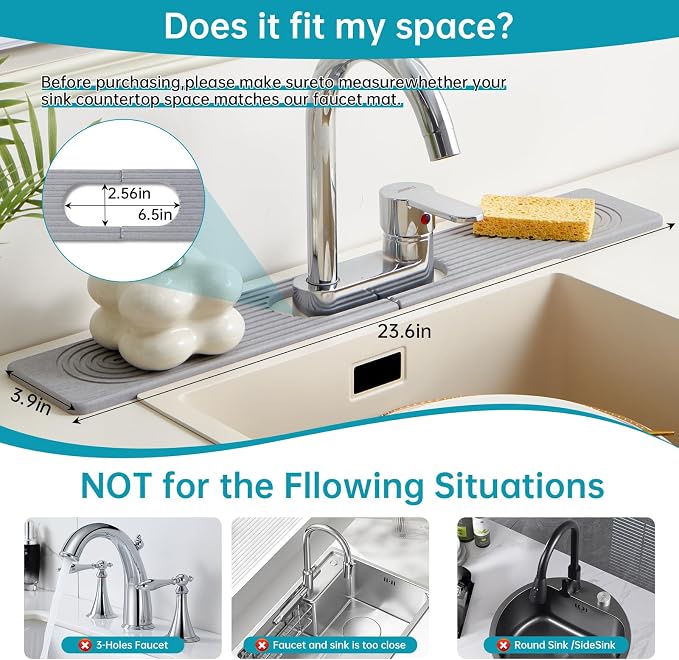 Stone Faucet Mat for Kitchen Sink Oval Hole Bathroom sink splash guard | Water-Absorbing Diatomite Stone Drying Mat & Sink Protectors Absorbent Stone Tray for Bathroom Counter, Oval Hole 6.5" x 2.5" - Image 3