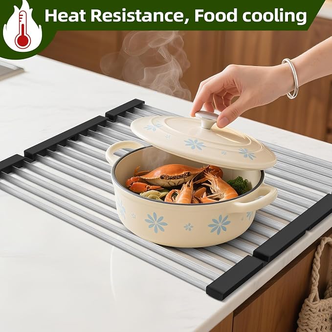 GAViA Roll Up Dish Drying Rack, Foldable Over The Sink Dish Drying Rack | 17.3" x 13", Non-Slip,Heat-Resistant, Anti-Rust,Stainless Steel Sink Drying Mat,Dish Drainer,Sink Cover, All-in-one, Black - Image 6