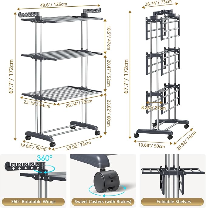 Upgraded 4-Tier Clothes Drying Rack, Drying Rack Clothing with Wheels | Large Foldable Laundry Drying Rack, Clothes Rack with Side Hooks for Indoor Outdoor Air Drying, 19.68"D x 29.9"W x 67.7"H - Image 7