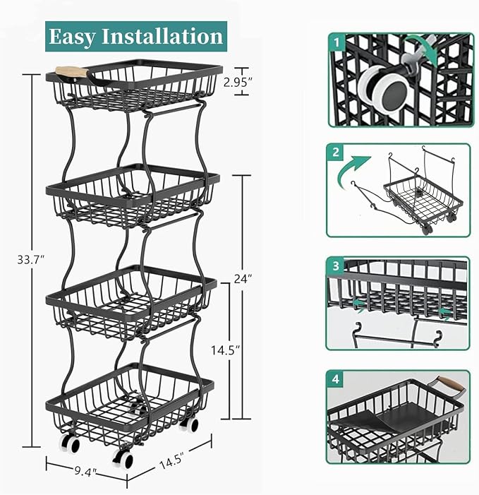 Stackable Fruit Vegetable Basket 4 Tier Kitchen Storage Rolling Cart | metal frame, 9.4“ width for small ppace, easy assembly, veggie rack for potato onion produce apple banana, move smoothly - Image 5