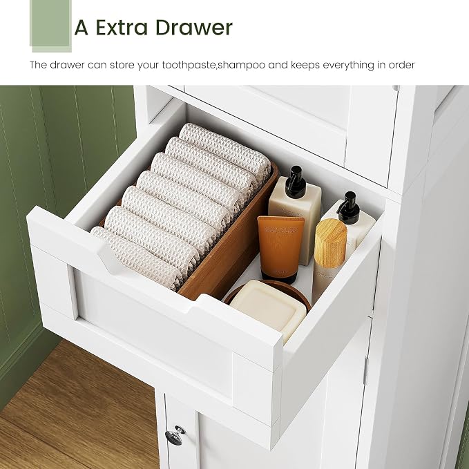 Iwell Tall Bathroom Cabinet, Slim Narrow Bathroom Storage Cabinet with Adjustable Shelves, Storage Cabinets with 1 Drawer, for Bathroom, Living Room, Entryway, Kitchen, White - Image 7