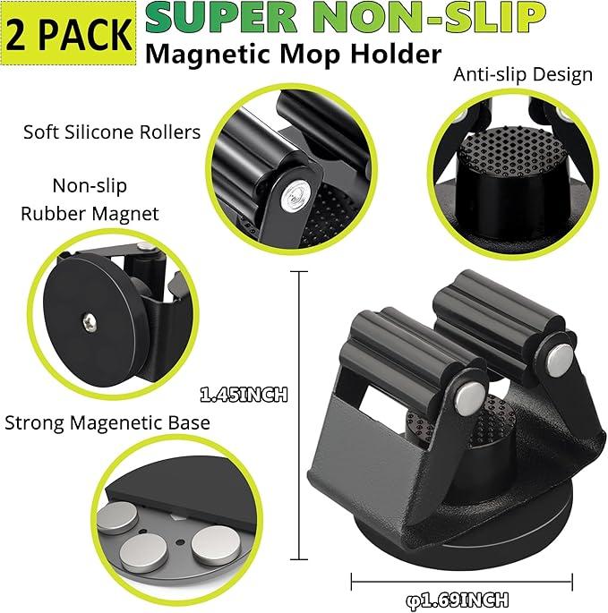 ULIBERMAGNET Magnetic Mop Broom Holder,Heavy Duty Movable Magnetic Broom Holder Rack,Anti-slip Wall Mounted Utility Storage Mop Shovel Gripper Hanger for Garage, Kitchen, Laundry, Garden(2 Pack/Black) - Image 2