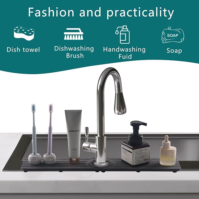 Water Absorbing Stone Kitchen Sink Mat Faucet Splash Guard for Bathroom | Quick Dry, Raised Feet, Diatomaceous Earth, Stone Faucet Mat, Sink Protector for Counter, Sink Accessories, Bathroom Decor - Image 2