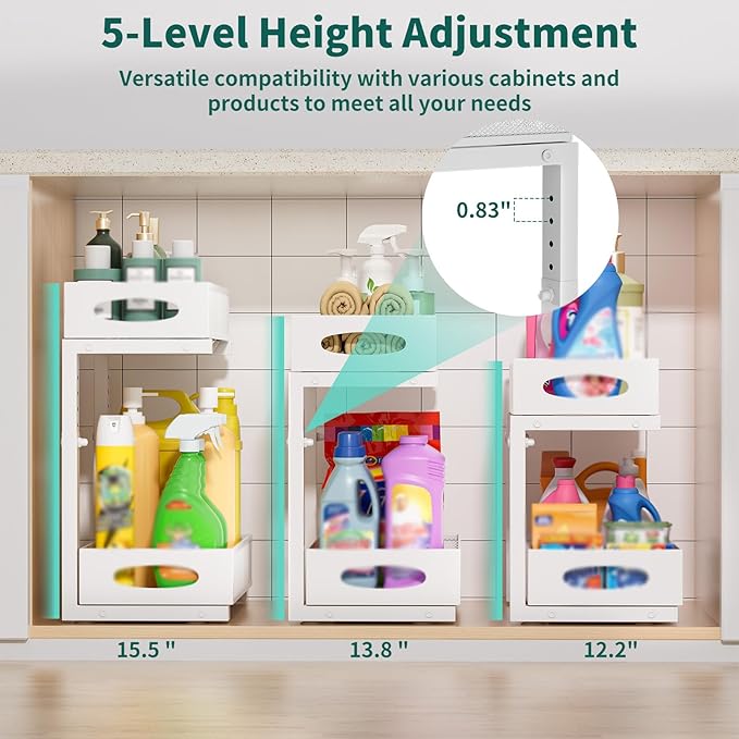 Under Sink Organizer, 2 Pack 2 Tier Metal Slide Out Pull Out Cabinet Organizer Shelf, Height Adjustable Organization and Storage Series, Bathroom/Desktop/Cabinet/Kitchen organization, White - Image 3