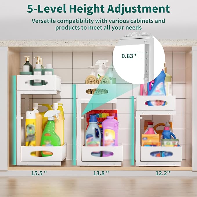 Under Sink Organizer, 1 Pack 2 Tier Metal Slide Out Pull Out Cabinet Organizer Shelf, Height Adjustable Organization and Storage Series, Bathroom/Desktop/Cabinet/Kitchen organization, White - Image 3