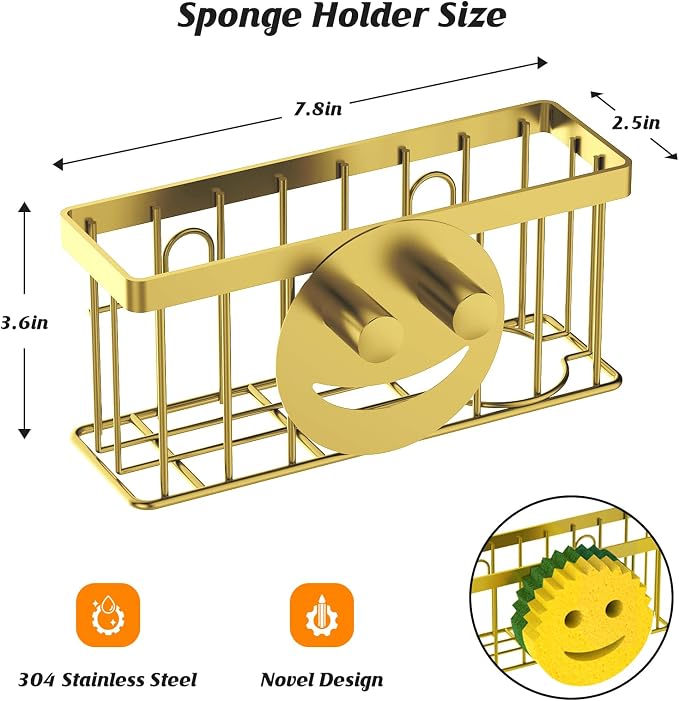 MURLONG Sponge Holder Smiley Face, Sink Caddy for Kitchen Sink, Sink Organizer Sponge Holder with 2 PCS Suction Cups/1 PCS Adhesive Strips, Designed for Sponge, Soap, Dish Brush, Scrubber-Gold - Image 2