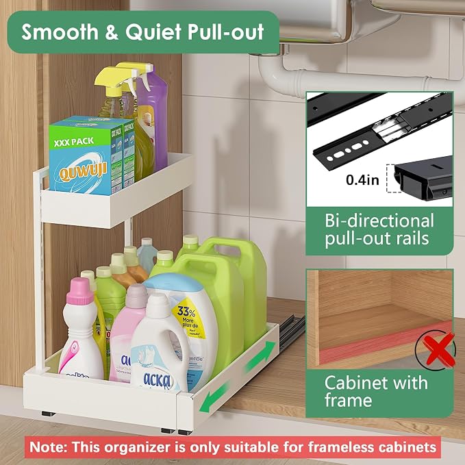 Expandable Under Sink Organizer with 6-Level Height Adjustment | Expandable Width, Pull-Out Cabinet Storage Rack with Quiet Sliding Rails for Kitchen, Bathroom, Laundry Room Cabinets, White - Image 3