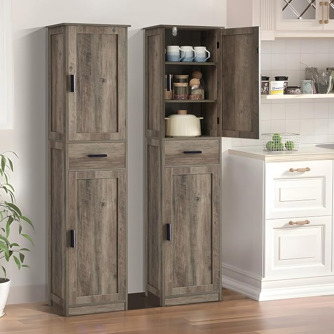 usikey 67'' Tall Storage Cabinet, Narrow Bathroom Floor Storage Cabinet with 4 Shelves & 2 Doors, for Bathroom, Living Room, Rustic Gray - Image 2