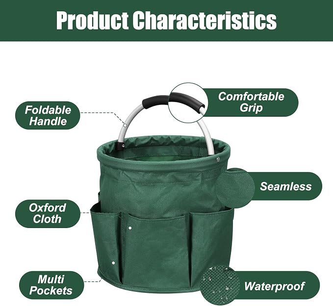 Qivine 17L Cleaning Caddy with Handle, Foldable Cleaning Supply Caddy Green | Cleaning Caddy for Cleaning Supplies, Portable Cleaning Supplies Organizer with 6 Pockets, Cleaning Bucket for Kitchen Garden - Image 4