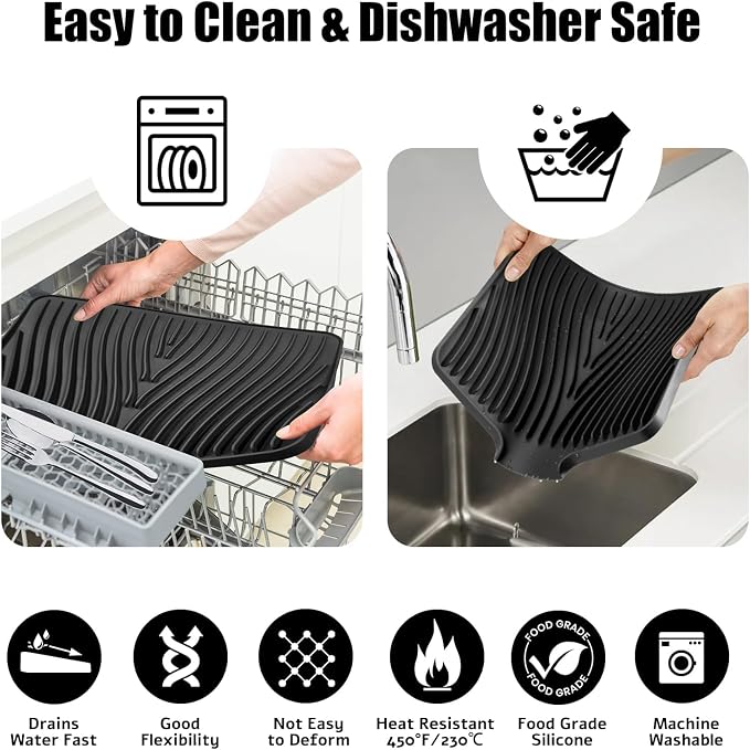 TIKNIK Silicone Dish Drying Mat for Kitchen Counter, Black-1pc, 20" x 15" | Heat Resistant & Non-Slip Dish Drain Pad with Built-In Drain, Dishwasher Safe, Quick-Dry, Hangable & Roll-Up for Storage - Image 4