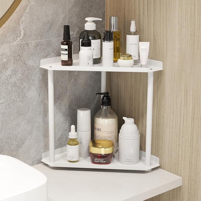 Jesginboo 2 Tier Bathroom Counter Organizer, Vanity Organizer Corner Shelf | Skincare, Makeup Countertop Organizers, Kitchen, Bathroom Counter Storage, White - Image 2