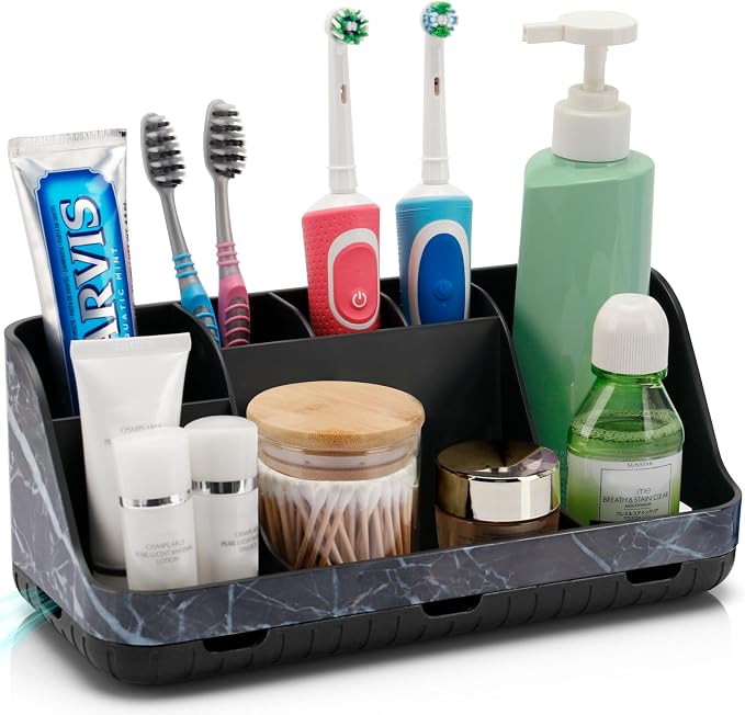 GFWARE Marble Black Toothbrush Holder for Bathrooms, Bathroom Sink Storage | Detachable 7 Slots Kid Electric Toothbrush and Toothpaste Holder, Bathroom Sink Accessories Storage Caddy Marble-Look, Black by GFWARE