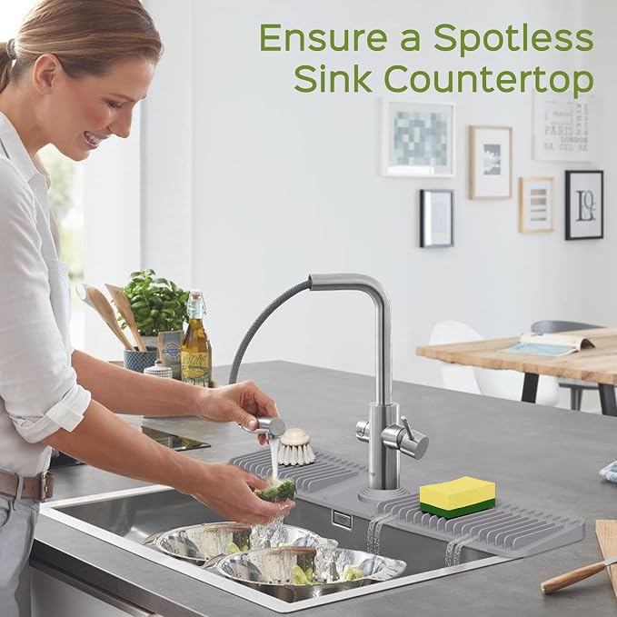 24 Inch Silicone Faucet Mat for Kitchen Sink Splash Guard – 2025 Upgraded Draining Mat with Water Tray Behind Faucet – Countertop Protectors to Catch Spills (Gray, 24" x 5.5" ) - Image 3
