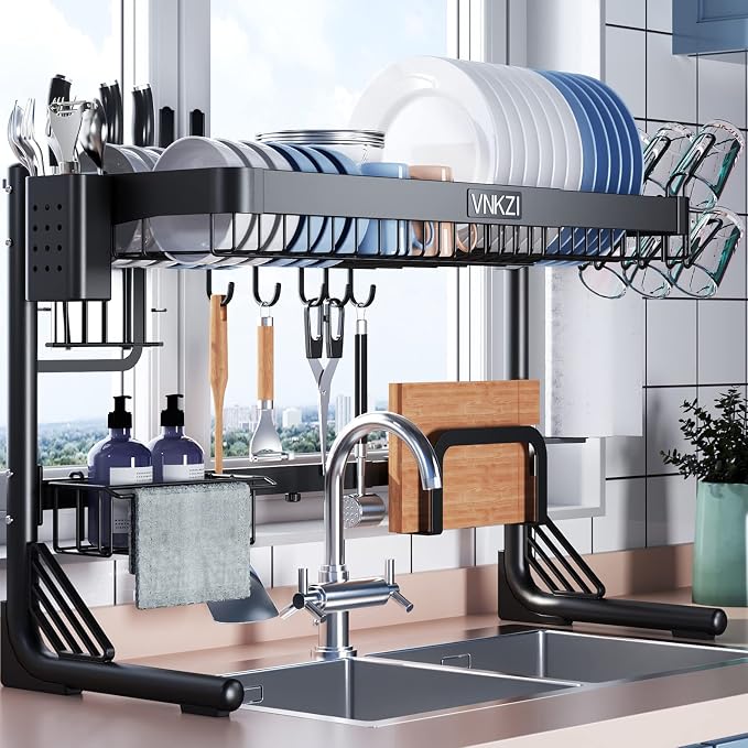 VNKZI Over Sink Dish Drying Rack, 2 Tier Full Stainless Steel Storage Adjustable Length (25.98'' to 36.61'') Kitchen Rack, Multifunctional Expandable Counter Organizer, Space Saver Dish Rack by VNKZI