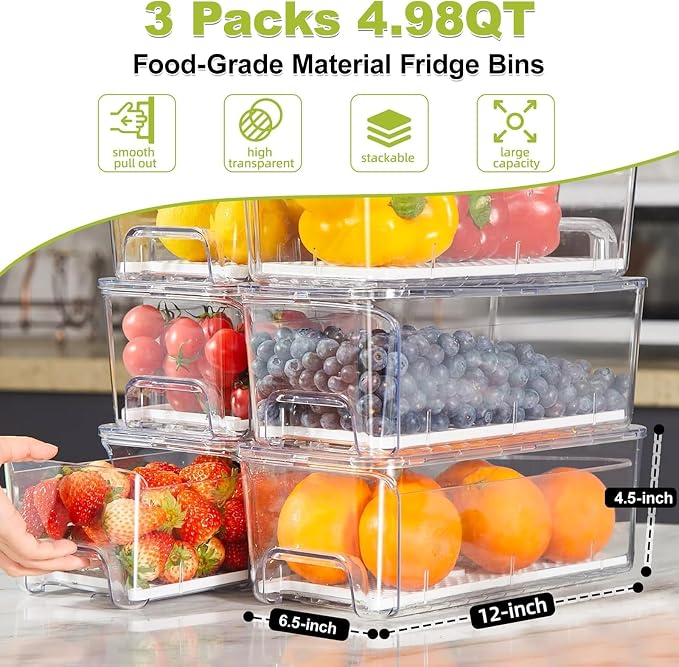 Fruit Storage Container for Fridge with Pull-Out Drawer, Drain Layer | 3 Pack, Keeps Fruits and Vegetables Fresh & Dry, Stackable Design, Clear View, Helps Reduce Odors, with Anti-Slip Base - Image 2