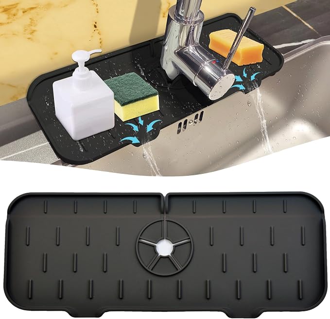 Kitchen Faucet Sink Splash Guard - Faucet Guard & Draining Mat Black | Silicone water catcher mat, Sink drain pad behind fauce; Sink rubber mat, Faucet Mat, kitchen bathroom protect around faucet by Gosmol