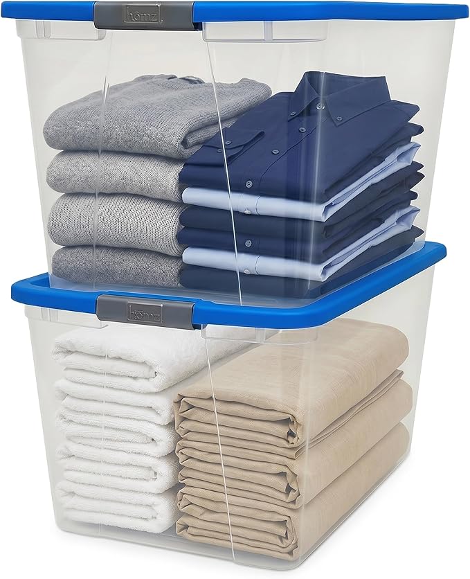 HOMZ Clear Plastic Storage Bin with Secure Latching Blue Lid, 64 Qt, 2 Pack | Heavy-Duty Stackable Containers, Large Organizer Box for Homes, Offices, and Garages by Homz