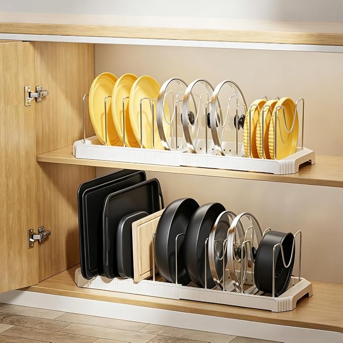 MUDEELA Pots and Pans Organizer under Cabinet, Pan Pot Organizer Inside Cabinet, Expandable 12.9''-21.88'' Pot Lid Organizer Holder with 10 Adjustable Dividers for Cutting Boards, Pan Lid Rack, White - Image 9