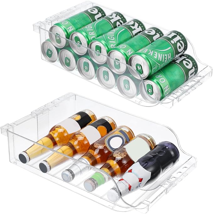 2 Pack Clear Width Adjustable Soda Can Organizer for Refrigerator Expandable Soda Cans Dispenser for Beer Seltzer Pop Can Drink Organizer for Fridge Kitchen Pantry by Unknown