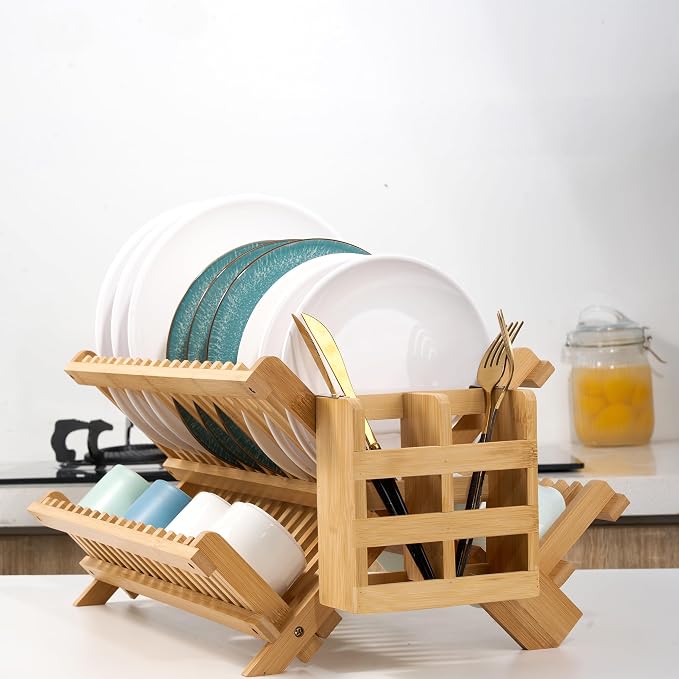 NOVAYEAH Bamboo Wooden Dish Rack, Wooden Dish Drying Drainer Rack | 3-Tier Collapsible Large Dish Drying Rack Holder for Kitchen Counter, Plate Holder Organization with Utensils Flatware Holder - Image 6