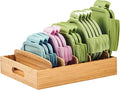 Large Bamboo Food Container Lid Organizer for Kitchen Cabinet | Adjustable slots - Premium bamboo, pretty color - Sturdy versatile caddy for snack, spice in drawer - Anti-Skid Silicone Pads by Umilife