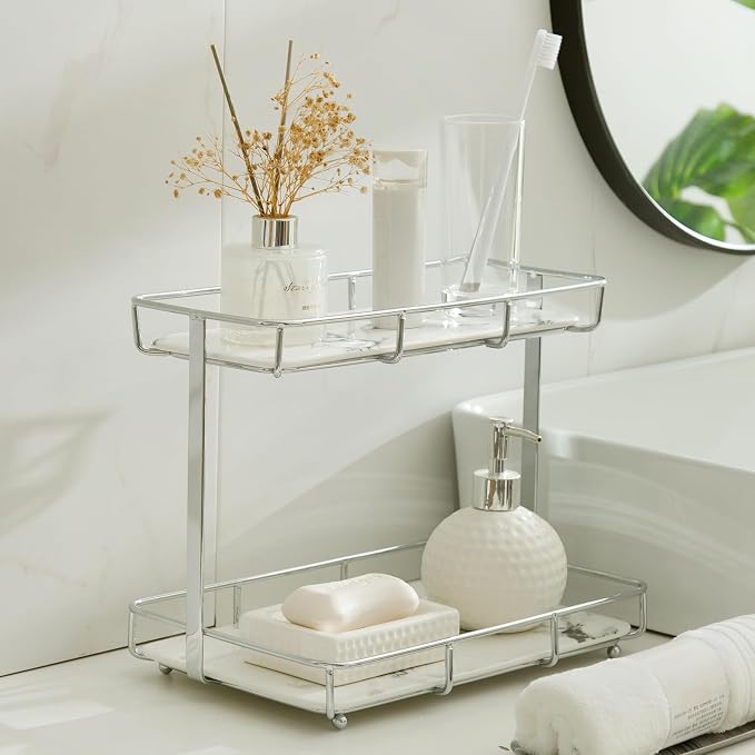 Bathroom Organizer Countertop Perfume Organizer Makeup Organizer Cosmetics Storage Display Rack Vanity Tray Dresser Stainless Steel Gold Shelf White Marble Ceramic Tray (2 Tier L-Sliver) | Perfume Organizer by Dobbyby