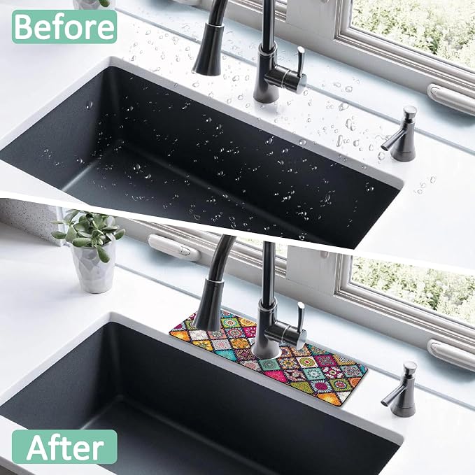 2 Pack 2 Pack Kitchen Sink Splash Guard Faucet Mat 15" X 5.5" Mandala Absorbent Fast Drying Mat Faucet Draining Mat Sink Splash Guard Behind Faucet Drip Catcher for Kitchen Bathroom - Image 2