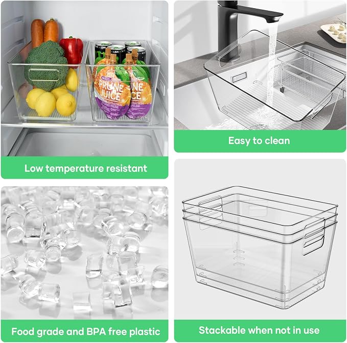 4 Pack Clear Plastic Storage Bins, 11" Large Pantry Organizer Bins with Handles, Plastic Containers for Refrigerator,BPA-Free Perfect for Kitchen,Fridge,Cabinet,Pantry,Bathroom,Closet Organization - Image 5
