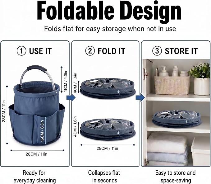 Cleaning Caddy with Handle, Large Supply Organiser 17L with 6 Pockets, Cleaning Products Organiser, Foldable Storage Basket, Portable Cleaning Caddy for Home (Blue) - Image 3