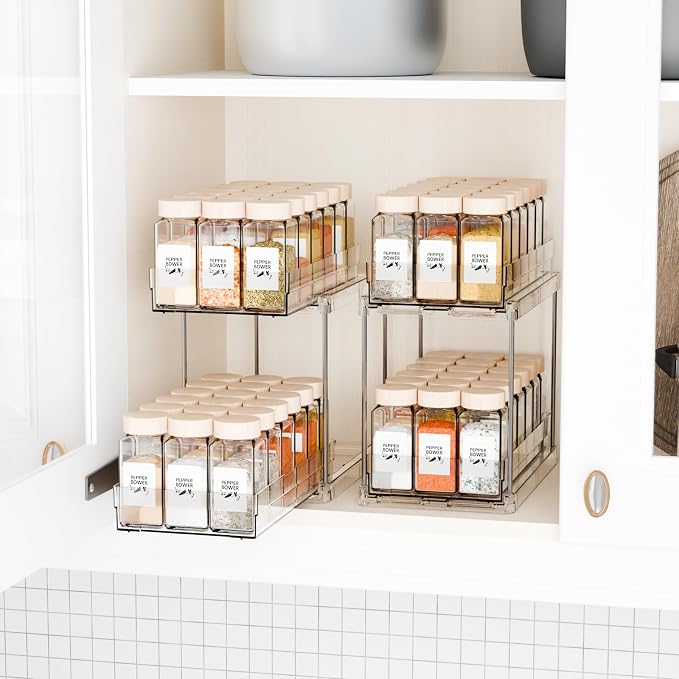 4 Pack 2 Tier Vertical Spice Rack Pull Out,10.4'' Deep Narrow Slide Out Spice Rack Organizer for Inside Cabinets,Kitchen,Pantry,Cupboard Seasoning,Can,Jar Organizer and Medicine Cabinet Storage - Image 8