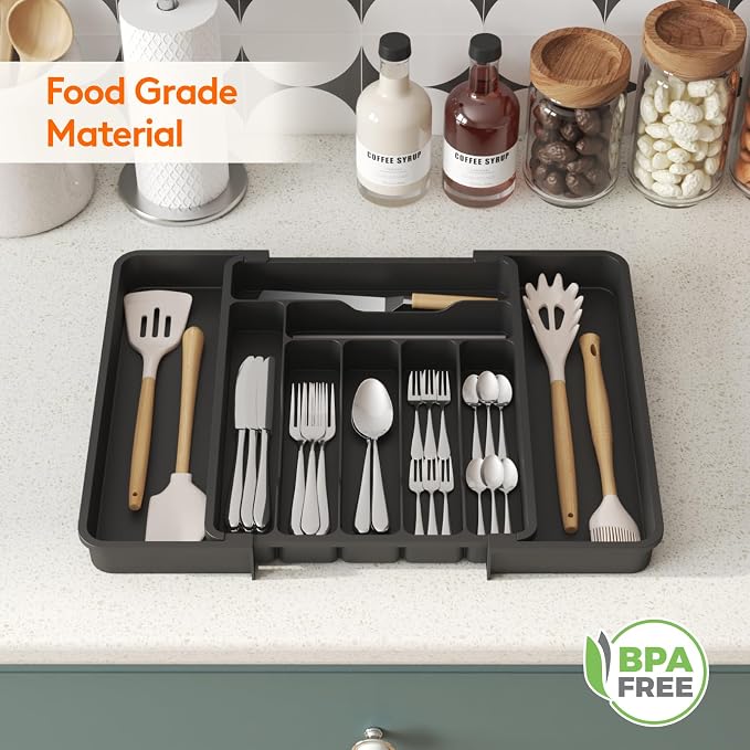 Lifewit Utensil Organizer for Kitchen Drawer, Expandable Cooking Silverware Tray, Adjustable Cutlery Flatware Holder, Plastic Spatula Tools Storage Divider, 11.8-19.6 x 15", Black - Image 9
