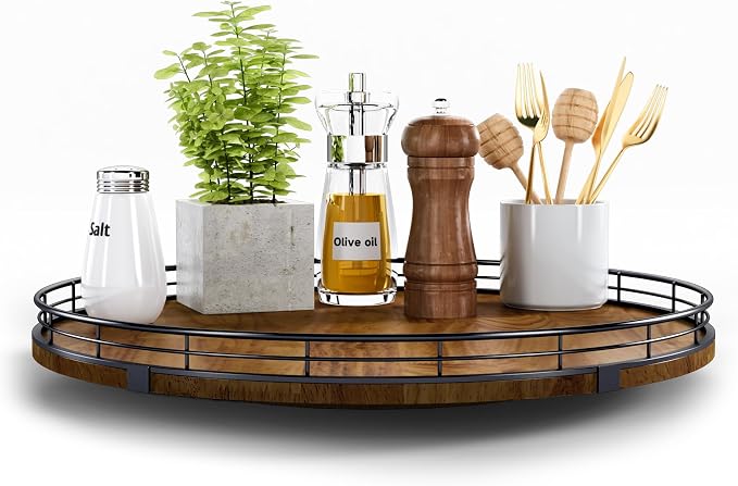 AMH 16-Inch Farmhouse Oak Lazy Susan Organizer, Walnut Finish | Smooth rotating oak tray with walnut finish for dining tables, kitchen counters, pantries and cabinet storage. by AMH