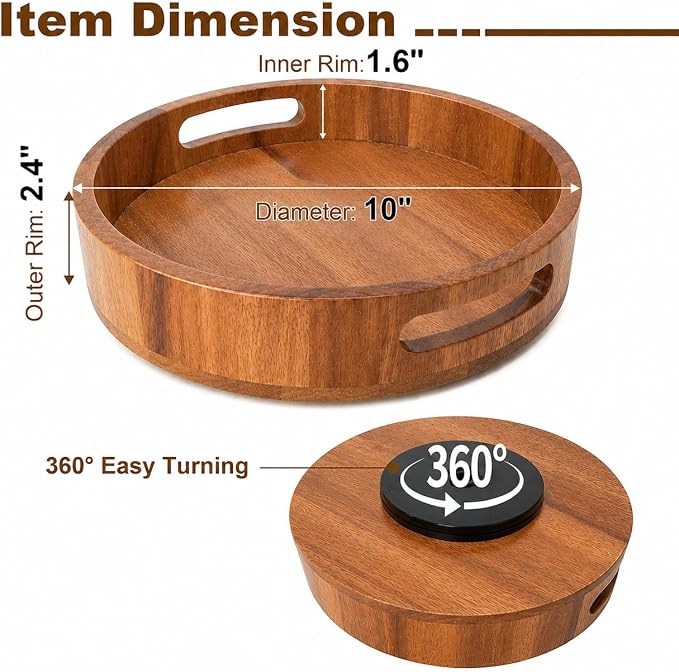 Wooden Lazy Susan – 10 in Acacia Wood Turntable Organizer for Cabinet，Multi-Purpose Home Decor Rotating Tray for Bathroom Accessories, Bedroom Makeup Organizer & Countertop Storage - Image 2