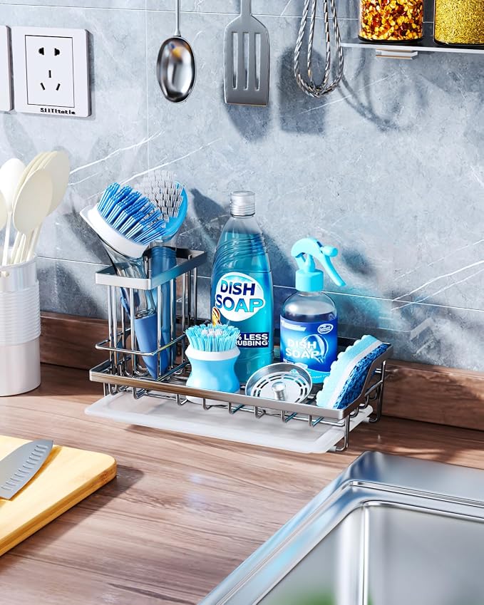 Consumest Sink Caddy, Kitchen Sponge Holder with Dish Brush Holder, Kitchen Sink Organizer with Drip Tray for Countertop Stainless Steel Rustproof, Silver-Large - Image 3
