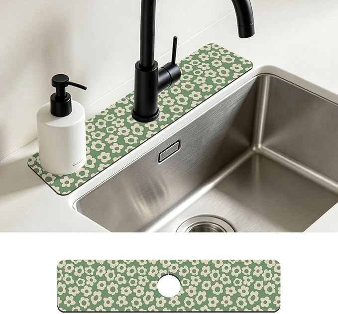 Faucet Mat for Kitchen Sink Vintage Groovy Flower Green Daisy Sink Splash Guard Behind Faucet Soft Diatom Mud Material Non-slip Easy to Clean for Bathroom & Kitchen 24"X5.5" by Unknown