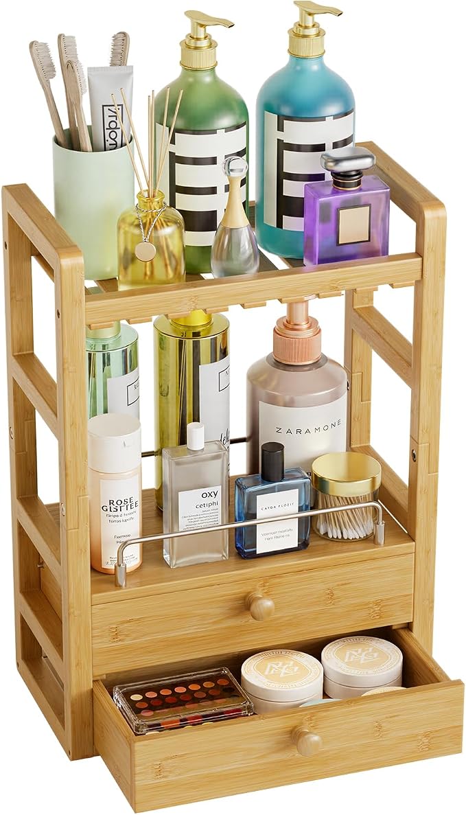AmazerBath Bamboo Bathroom Counter Organizer, 2-Tier Makeup Organizer with 2 Drawers, Vanity Organizer Storage Coffee Matcha Station, Compact Shelf for Bathroom Kitchen Office Countertop - Image 8
