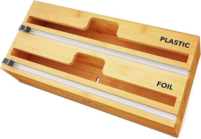 SpaceAid WrapNeat 2 in 1 Wrap Organizer with Cutter and Labels, Plastic Wrap, Aluminum Foil and Wax Bamboo Dispenser for Kitchen Storage Organization Holder for 12" Roll (Natural) by SpaceAid