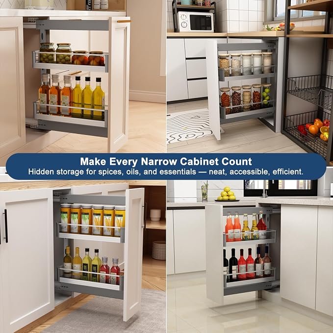 VADANIA Narrow Pull Out Cabinet Organizer, For 10" Base Cabinets | 2-Tier Slim Cabinet Storage with Glass Side Panels, Soft Close Full-Extension Slides, Reversible Left or Right Side Mount - Image 8