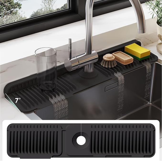 24-Inch Silicone Faucet Mat for Kitchen Sink Splash Guard, 7° Slope | 24"x5.5" water draining mat with fasten button; 1.6-2.75" customizable hole for bathroom, RV & kitchen sink drip catcher. by Doeklpo