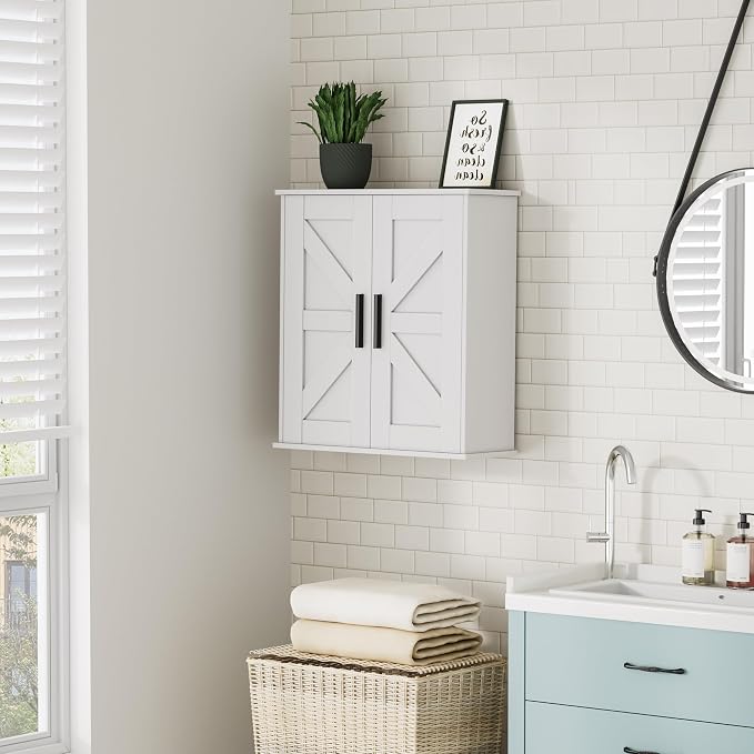 Homleke Bathroom Wall Cabinet, Medicine Cabinet with Adjustable Shelves | 3-Tier Wall Mounted Over Toilet Storage with Barn Doors, for Bathroom, Kitchen, Entryway, Laundry Room, White, (7.9" D) - Image 2