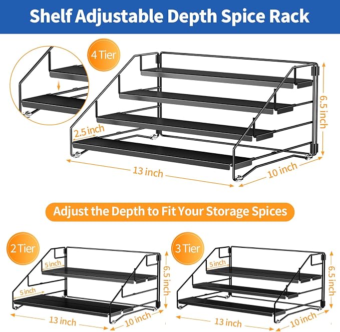 BOIVSHI 4 Tier Spice Rack Organizer, Spice Rack for Cabinet, Adjustable Depth Seasoning Shelf for Countertop, Pantry, Seasoning Organizer, Metal, Black (2 Pack) - Image 5