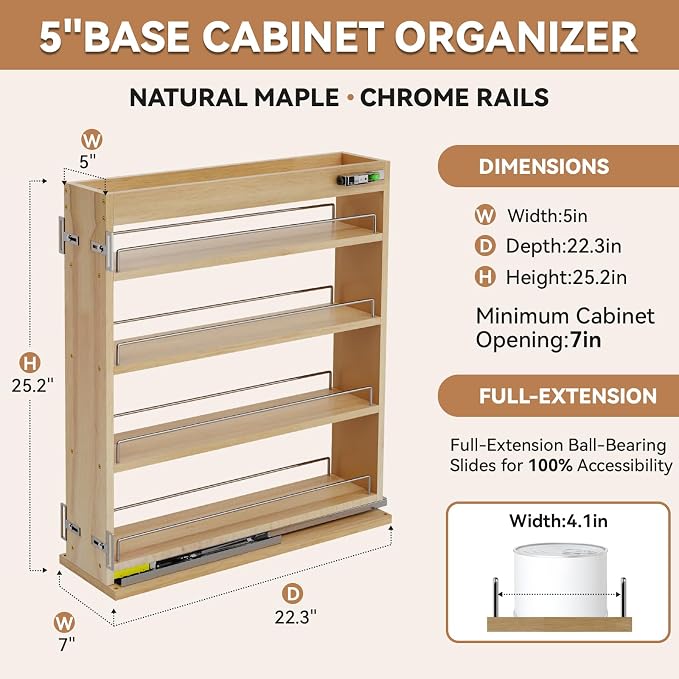 Pull Out Spice Rack Organizer for Cabinet (5" W x 22.3" D x 25.2" H), Sliding Spice Rack for Kitchen Cabinet, Wood Pull Out Cabinet Organizer for Multi-Use - Image 3