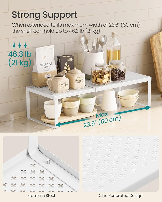 SONGMICS Spice Rack, Expandable Kitchen Countertop Shelf, Steel | Set of 4 small cupboard organizers, space-saving tabletop shelves, Matte White, UKCS404WC01 - Image 4