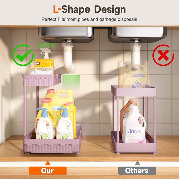 3-Pack 2-Tier L-Shaped Under Sink Organizers with Sliding Drawers | Multi-use kitchen & bathroom storage, 14.85 inch pink cabinet organizer, space-saving sliding drawer design. - Image 2