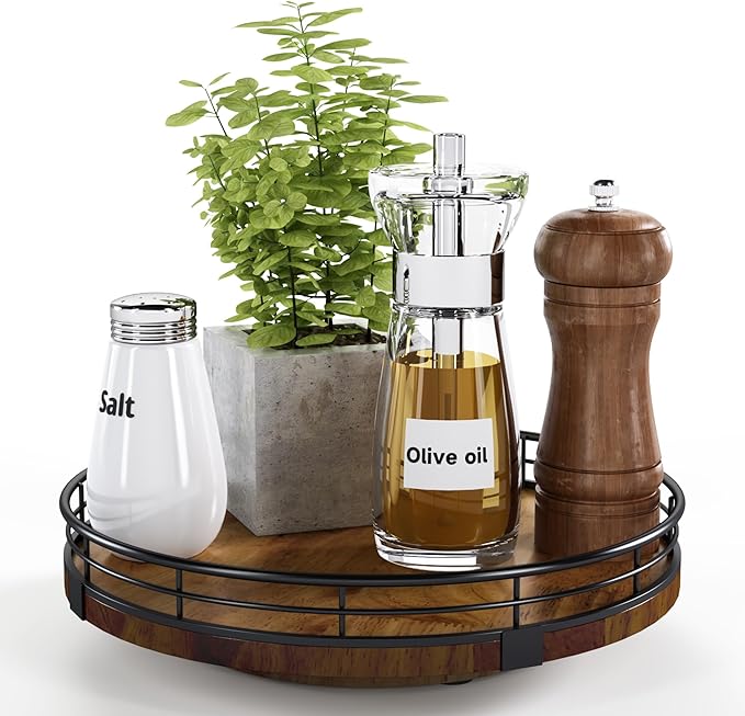 AMH 9-Inch Farmhouse Oak Lazy Susan Cabinet Organizer, Walnut Finish | Smooth rotating oak tray with walnut finish for dining tables, kitchen counters, pantries and cabinet storage. by AMH