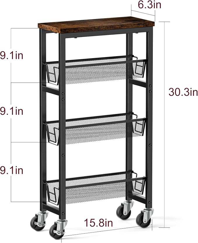 Honest Slim Storage Cart 4-Tier Slim Rolling Cart with Metal Frame and Wooden Top, 6.3 Inches, Storage Cart for Kitchen, Dining Room, Living Room, Bathroom, Home Office, Rustic Brown and Black - Image 2