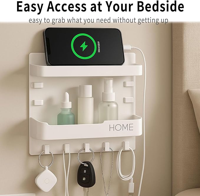 Adhesive Bedside Wall Shelf Organizer with 5 Hooks and Cable Clips, Plastic Wall Storage Holder for Phone, Remote Control, Earphone, Kindle, Keys – Bedroom, Dorm, RV (Black) - Image 4