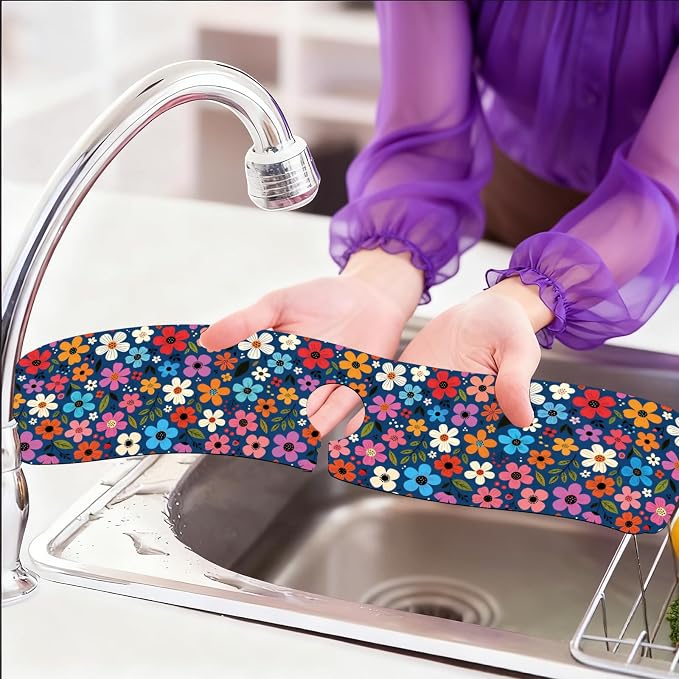 2 Pcs Floral Print Kitchen Sink Splash Guard Faucet Mat Plants Floral patterns Faucet Mat for Sinks Absorbing Drying Mats for Kitchen Bathroom, 23.6x5.5inch - Image 6
